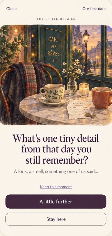 Illustrative conversation screen: What’s one tiny detail from that day you still remember?