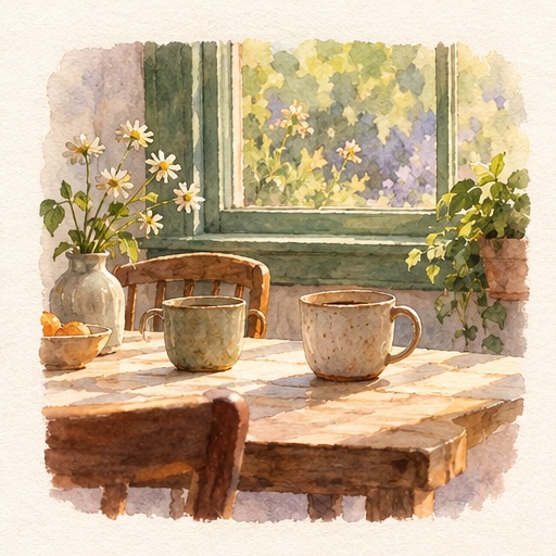 Watercolor of two cups on a sunlit table by a green window.