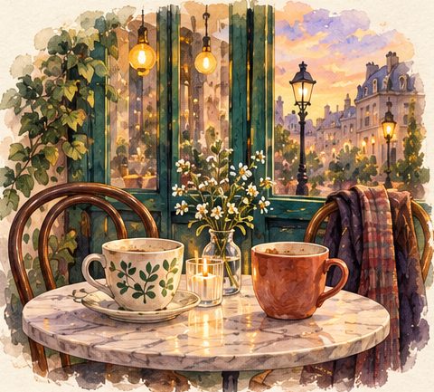 Watercolor of a café table with two cups at dusk.
