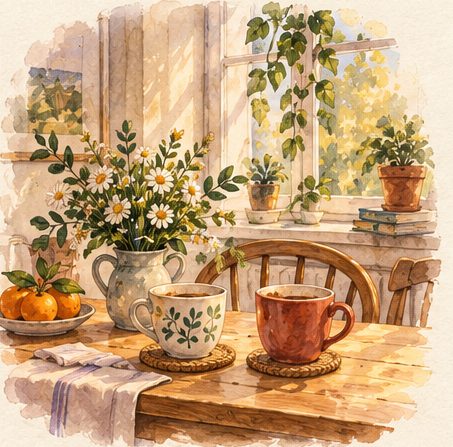 Watercolor of a kitchen table with a jug of flowers and two cups.