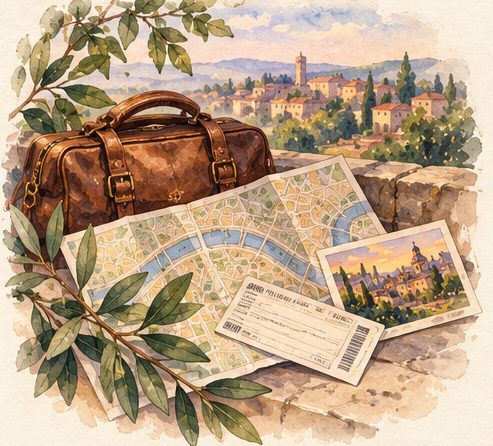 Watercolor of a travel bag, a map and old tickets.