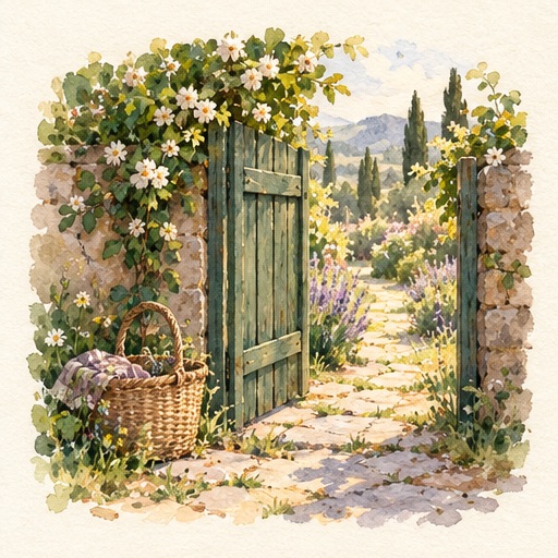 Watercolor of an open green garden gate onto a sunny path.