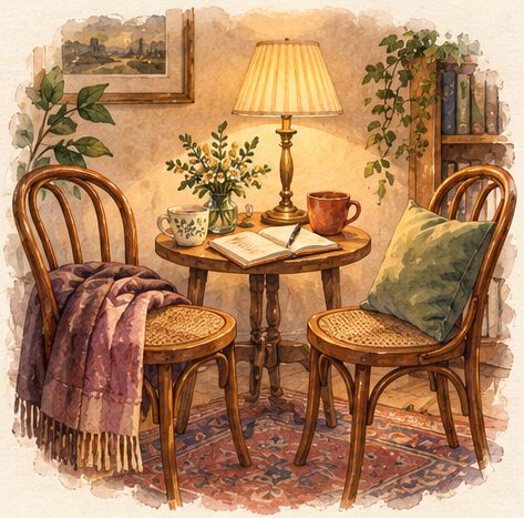 Watercolor of a lamp-lit corner with two chairs and a book.