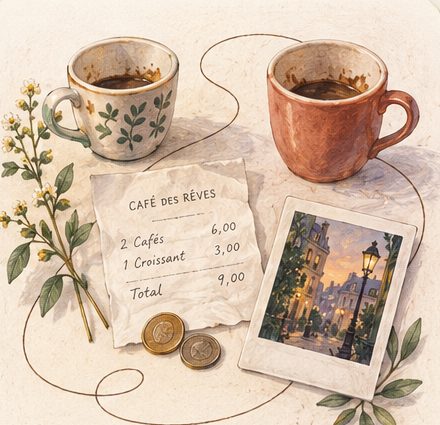 Watercolor of two coffee cups, a café receipt and a small photo of an evening street.