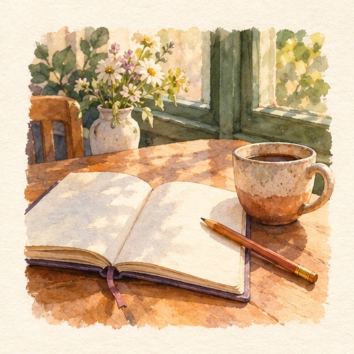 Watercolor of an open notebook, a pen and a cup on a wooden table.