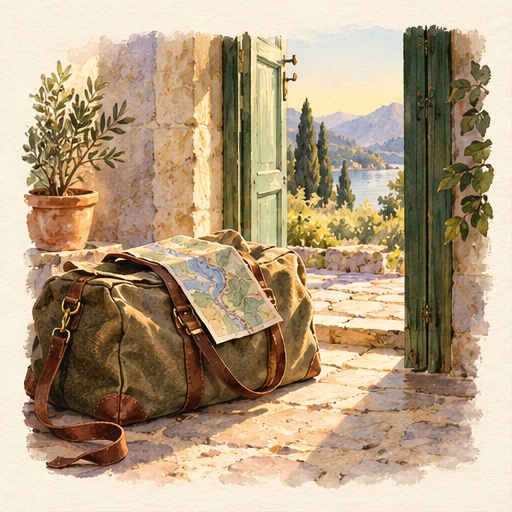 Watercolor of a packed bag by an open door to the hills.