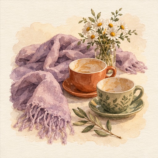 Watercolor of two cups beside a soft lavender scarf and flowers.