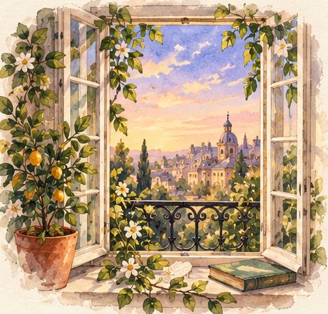 Watercolor of an open window over a town at sunset.